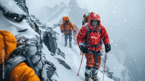 A group of climbers with backpacks and trekking poles climb uphill to the top of the snow-capped mountains