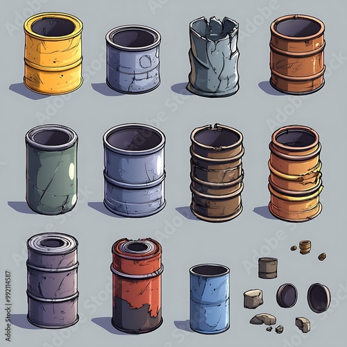 Cartoon Metal Barrels and Cans Set photo