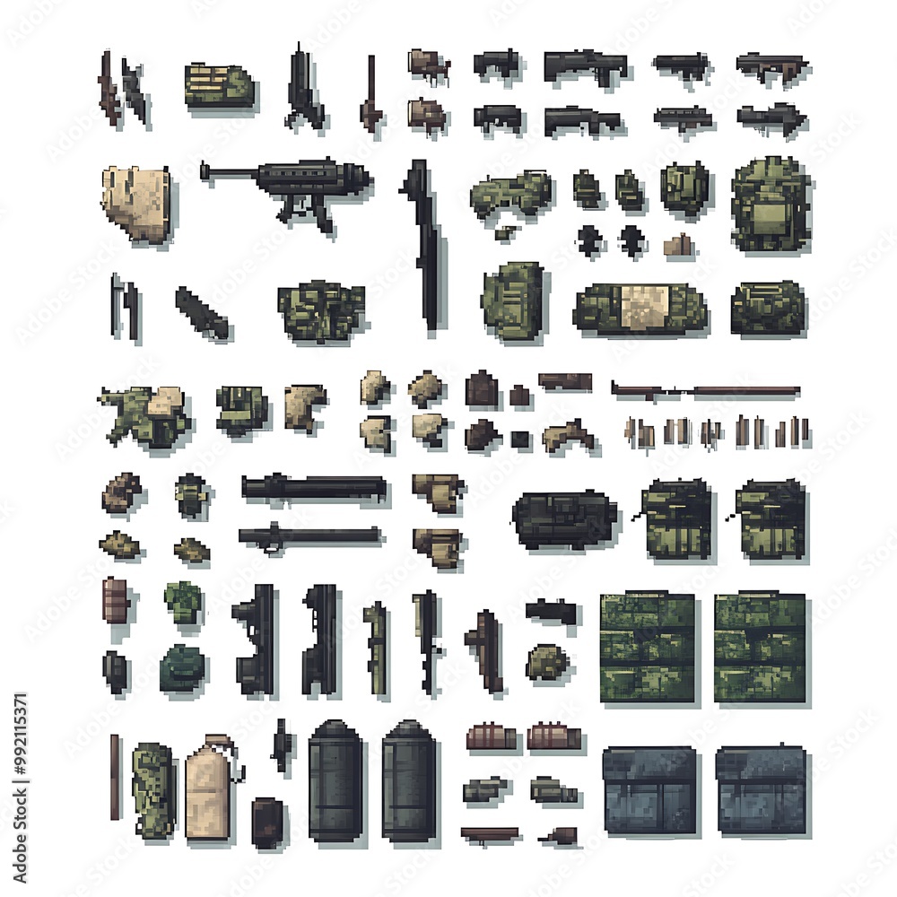 Pixel Art Military Weapon and Equipment Sprite Sheet for Game Development