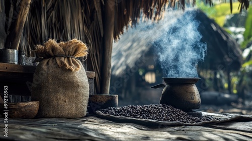 A tribal person roasting coffee beans over a charcoal stove inside a wooden hut, with a folded sack of coffee beans placed nearb photo