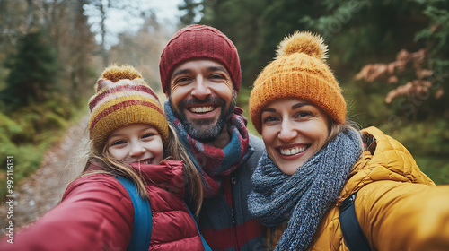 Happy family taking a selfie during a winter hike in a lush forest, embracing nature and togetherness