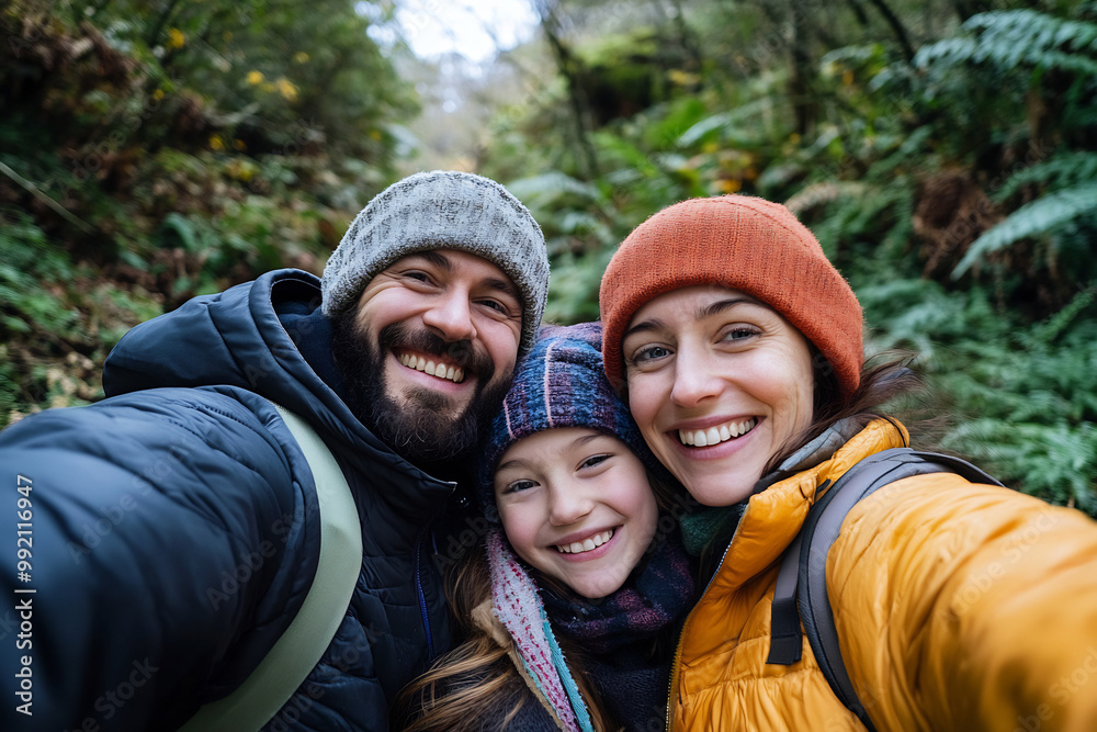 Happy family taking a selfie during a winter hike in a lush forest, embracing nature and togetherness