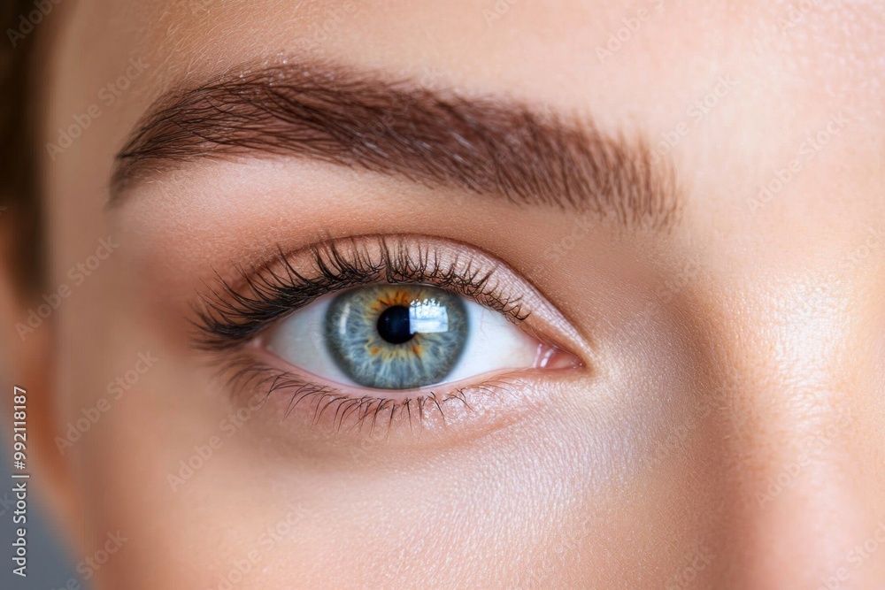 Woman with perfect eyebrows is showing beautiful blue eye with makeup Woman with perfect eyebrows is showing beautiful blue eye with makeup
