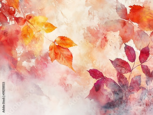 Autumn leaves gracefully blend in warm hues, creating an abstract watercolor background with soft light and subtle textures. The orange, yellow, and red tones evoke a sense of fall and serenity.