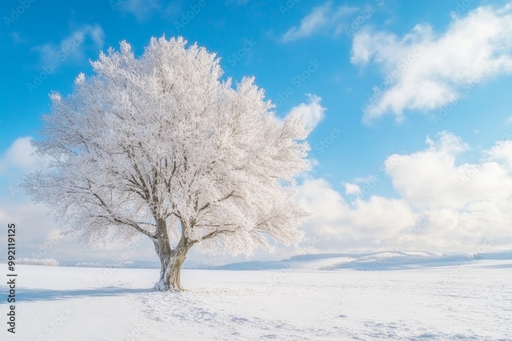 Big lonely frozen tree standing in a snowy field under a blue sky Big lonely frozen tree standing in a snowy field under a blue sky