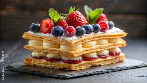 Elegant and decadent mille feuille pastry dessert with layers of flaky puff pastry, creamy custard, and fresh berries