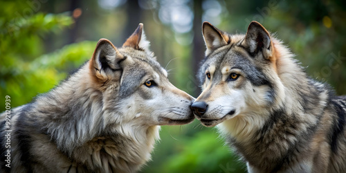 Romantic image of two wolves nuzzling in a forest setting, wolves, love, affection, bonding, wild animals, nature photo