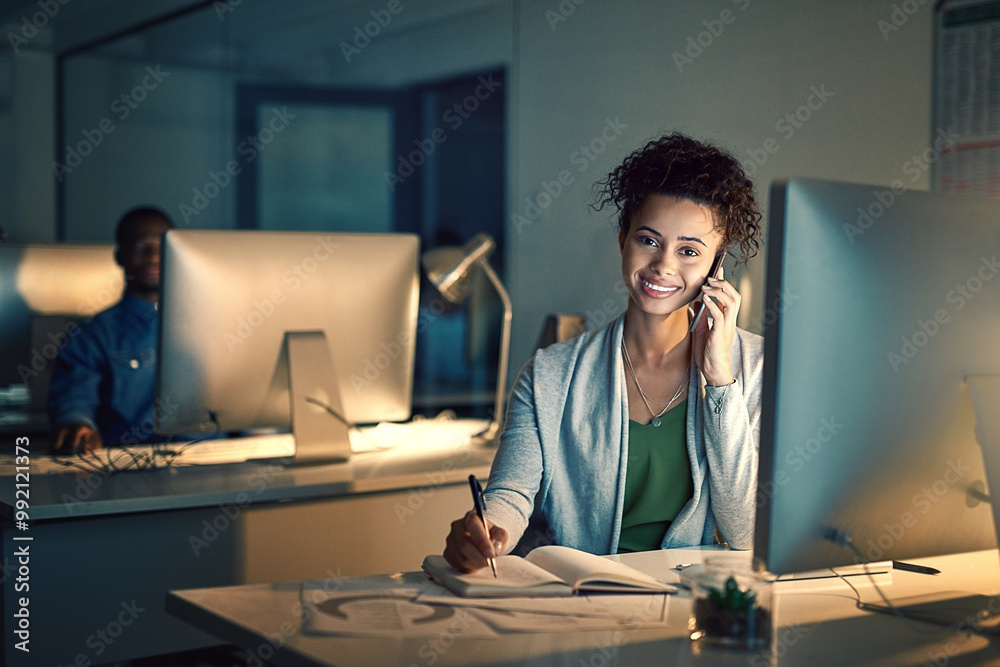 Phone call, computer and portrait of businesswoman in office at night for international client complaint. Happy, communication and investment banker on mobile discussion with customer for feedback. Phone call, computer and portrait of businesswoman in office at night for international client complaint. Happy, communication and investment banker on mobile discussion with customer for feedback.