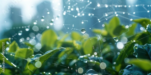 A macro shot of dew-covered spider webs in a garden