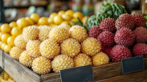 Rambutan energy bite displayed wooden counter contemporary health food store signage highlighting their benefit sustained energy wellness blending nutrition modern retail Scientific name Nephelium