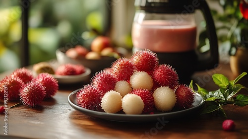 Rambutan slice served ceramic plate bright modern kitchen smoothie blender fresh ingredient ready healthy meal prep highlighting fruit versatility wellness routines Scientific name Nephelium lappaceum photo