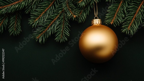 Matte gold Christmas ornament resting on lush green pine branches.