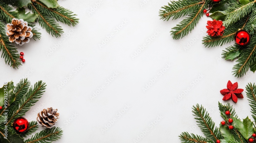Classic Christmas frame with pine branches, pinecones, red ornaments, and holly leaves arranged on a white background, ready for holiday greetings. Classic Christmas frame with pine branches, pinecones, red ornaments, and holly leaves arranged on a white background, ready for holiday greetings.