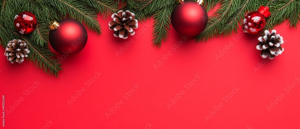 Christmas decorations with red baubles, pinecones, and fir branches on a vibrant red background. Christmas decorations with red baubles, pinecones, and fir branches on a vibrant red background.