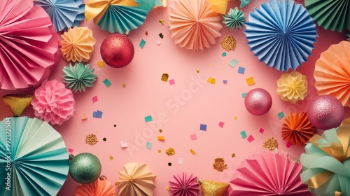 Festive paper fans, colorful decorations, and sparkling confetti arranged on a pink background, creating a vibrant and playful holiday party scene.