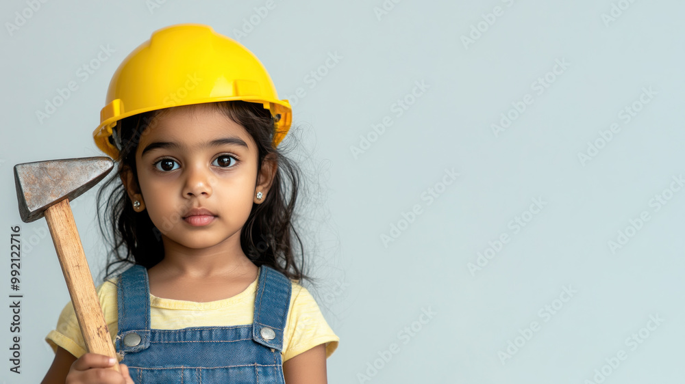 Indian little girl wearing helmet hard hat and overalls holding hammer Indian little girl wearing helmet hard hat and overalls holding hammer