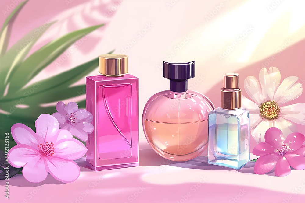 Three elegant perfume bottles surrounded by pink flowers, showcasing beauty and fragrance. Three elegant perfume bottles surrounded by pink flowers, showcasing beauty and fragrance.