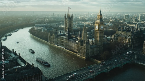A bird's-eye view of Big Ben and the Houses of Parliament in London, the River Thames flowing nearby and the city's landmarks in sight.