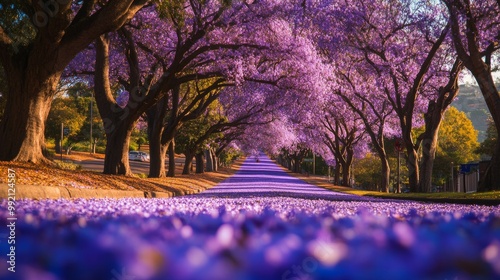 A field of vibrant jacaranda trees in full bloom, their purple flowers creating a magical canopy in a city street. photo