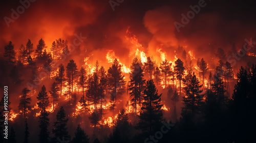 Massive Wildfire Engulfing Forest with Intense Flames and Thick Smoke photo