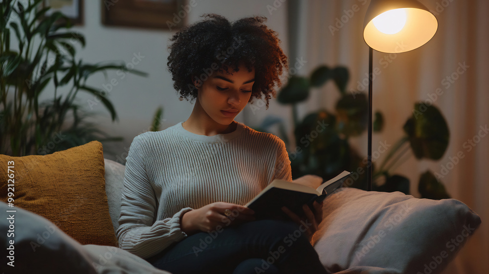 Young woman reading a book on a cozy sofa under warm lamplight, enjoying a quiet evening at home Young woman reading a book on a cozy sofa under warm lamplight, enjoying a quiet evening at home