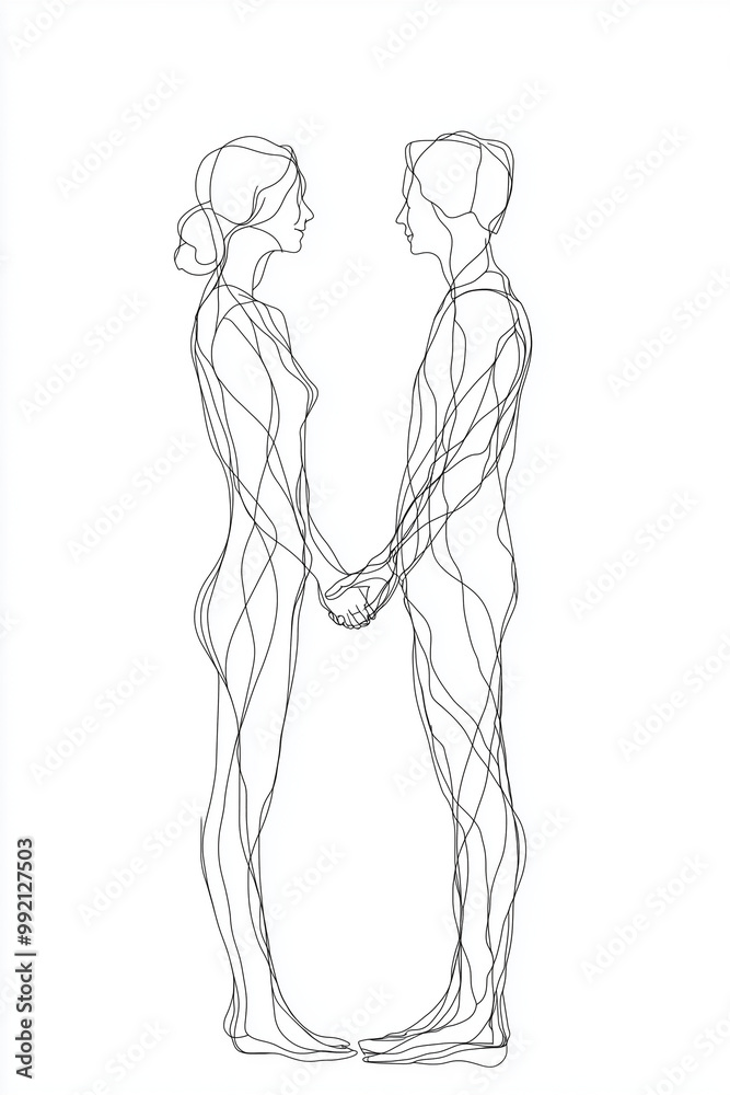 Minimalist line art of a couple holding hands facing each other Minimalist line art of a couple holding hands facing each other