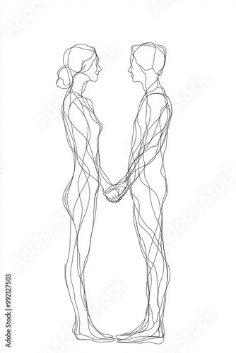 Minimalist line art of a couple holding hands facing each other