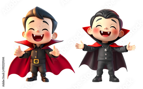 3d rendering boy cartoon characters with short dark hair wearing red vampire costume isolated on transparent background, PNG file add