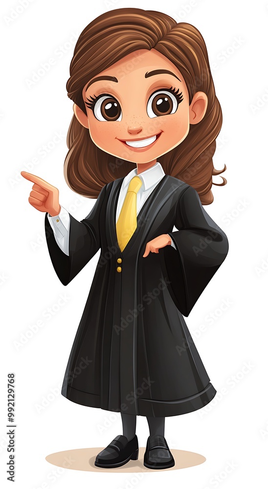 Smiling girl in graduation gown pointing to the side. Cute cartoon character illustration for celebration, achievement, education, or success Smiling girl in graduation gown pointing to the side. Cute cartoon character illustration for celebration, achievement, education, or success
