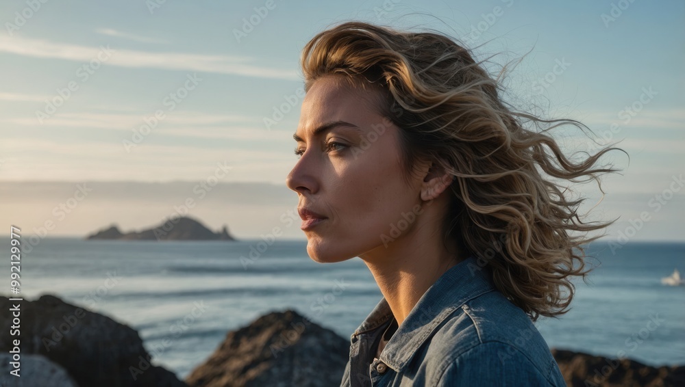 Woman with wavy hair standing by ocean cliffs Woman with wavy hair standing by ocean cliffs
