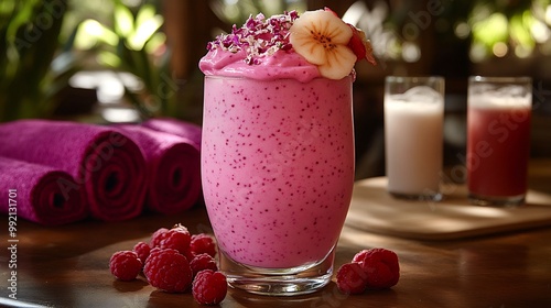 Rollinia fruit protein shake served glass jar vibrant gym caf fresh towels yoga mats detox juices softly blurred behind promoting postworkout recovery and vitality Scientific name Rollinia deliciosa photo