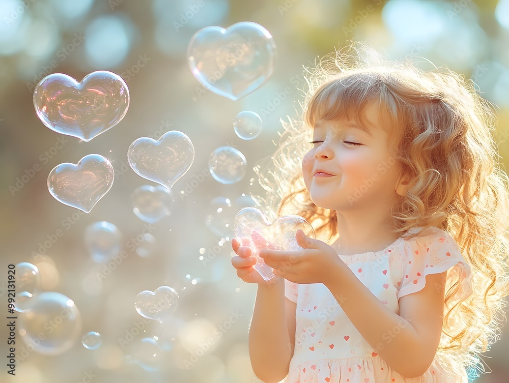 Little girl holding a heart-shaped soap bubble. Delicate illustration. Little girl holding a heart-shaped soap bubble. Delicate illustration.