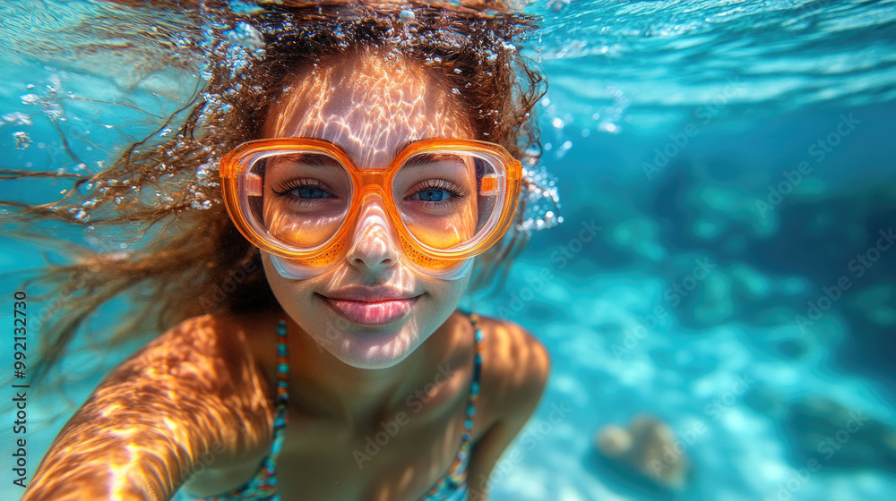 Naklejka premium A girl with orange snorkeling goggles enjoys swimming underwater, captivating light patterns dancing on her face in the crystal clear water