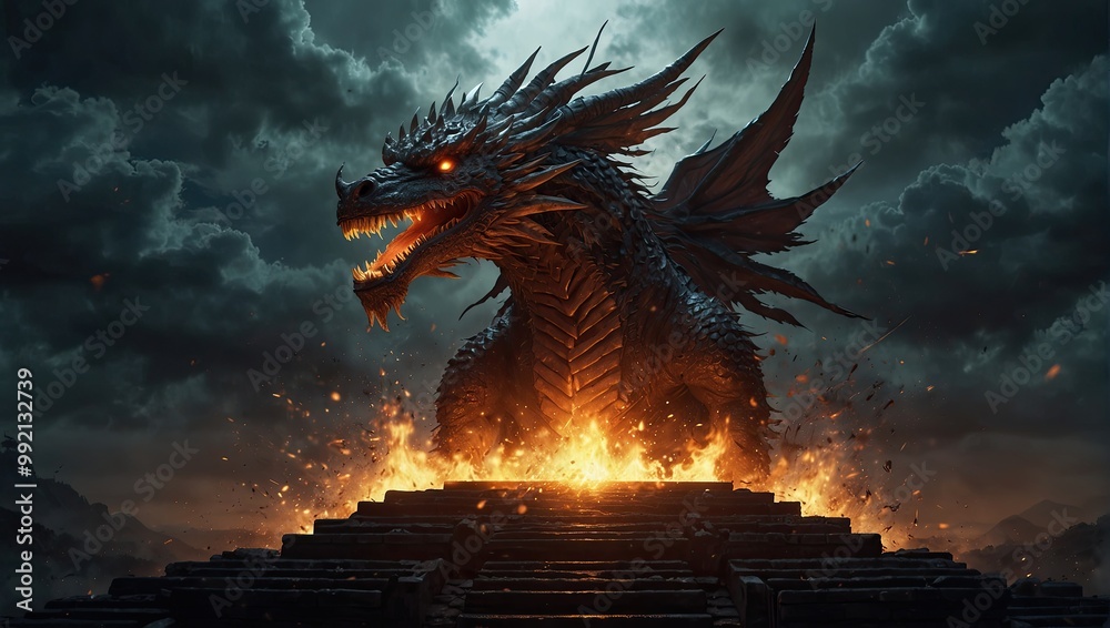 fantasy fierce dragon perched atop a castle with glowing eyes at twilight. AI-generated. fantasy fierce dragon perched atop a castle with glowing eyes at twilight. AI-generated.