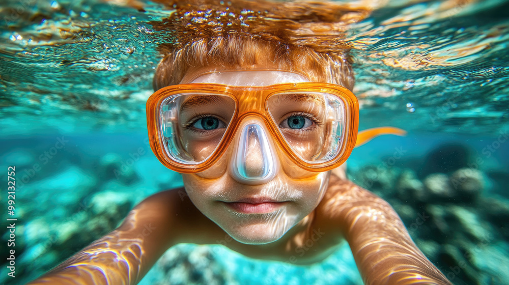 Fototapeta premium A child wearing bright orange snorkel gear is swimming underwater, surrounded by colorful coral reefs beneath the shimmering surface