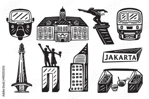 jakarta indonesia object in doodle vector. jakarta city. doodle set.