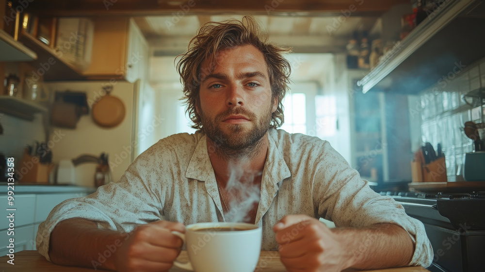 A man sits at a kitchen table, holding a steaming cup of coffee while enjoying a peaceful morning in a sunny and inviting space A man sits at a kitchen table, holding a steaming cup of coffee while enjoying a peaceful morning in a sunny and inviting space