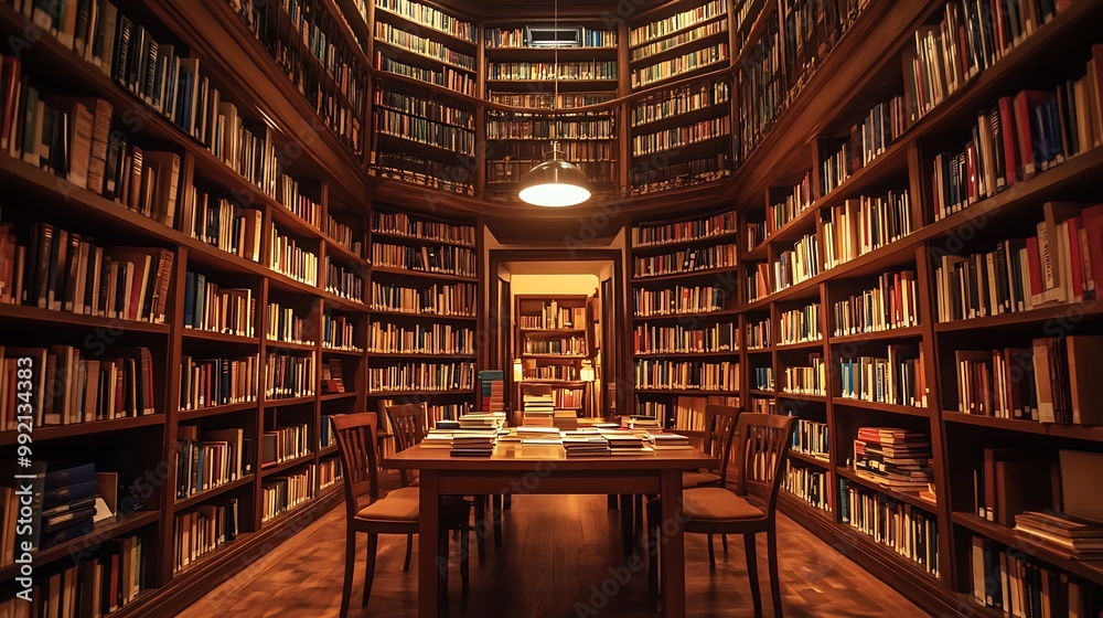 Large library room with bookshelves, table, and chairs, perfect for study or reading Large library room with bookshelves, table, and chairs, perfect for study or reading