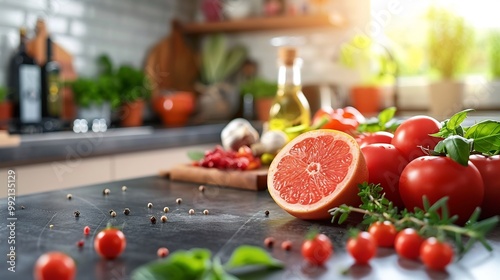 Rollinia fruit resting bright kitchen counter beside fresh herbs detox drinks modern kitchen backdrop softly blurred behind creating vibrant healthy home environment Scientific name Rollinia deliciosa photo