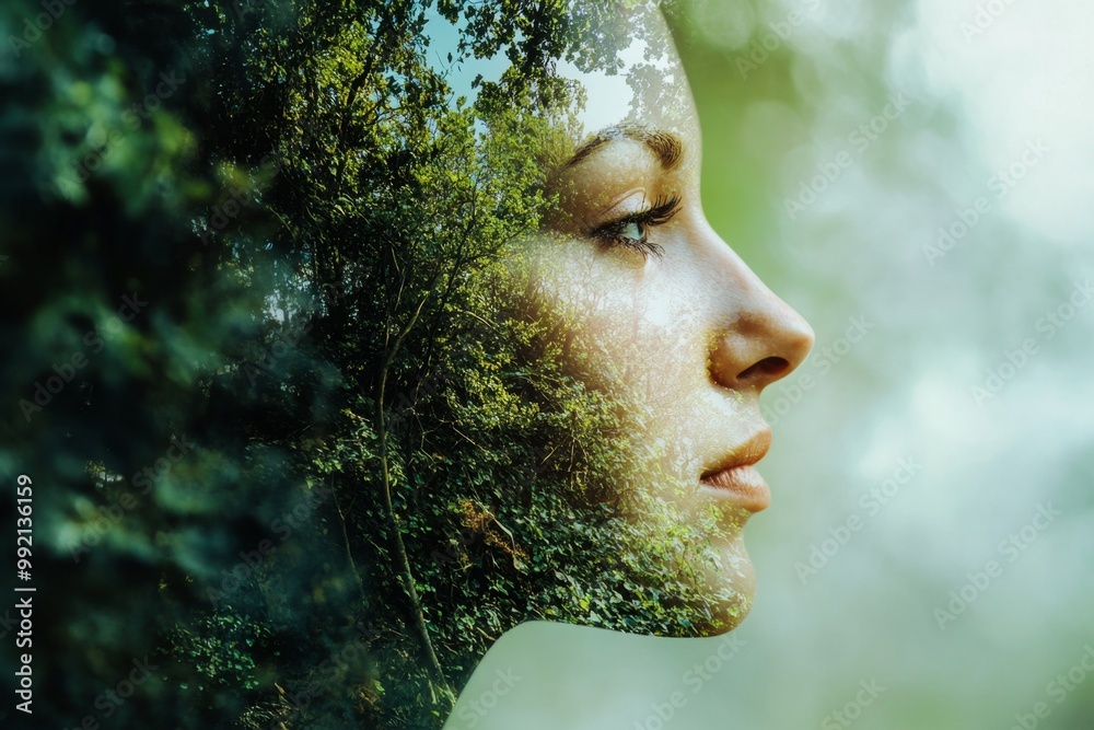 Woman face merging with green forest double exposure portrait Woman face merging with green forest double exposure portrait