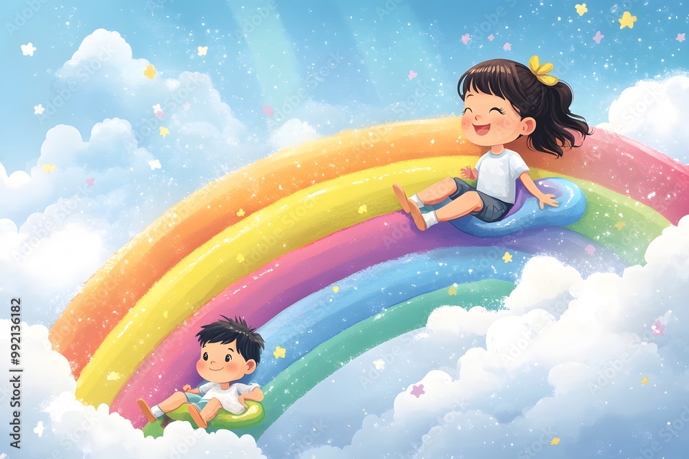 Children sliding down a rainbow as if from a slide. Funny cheerful cartoon illustration. Children sliding down a rainbow as if from a slide. Funny cheerful cartoon illustration.