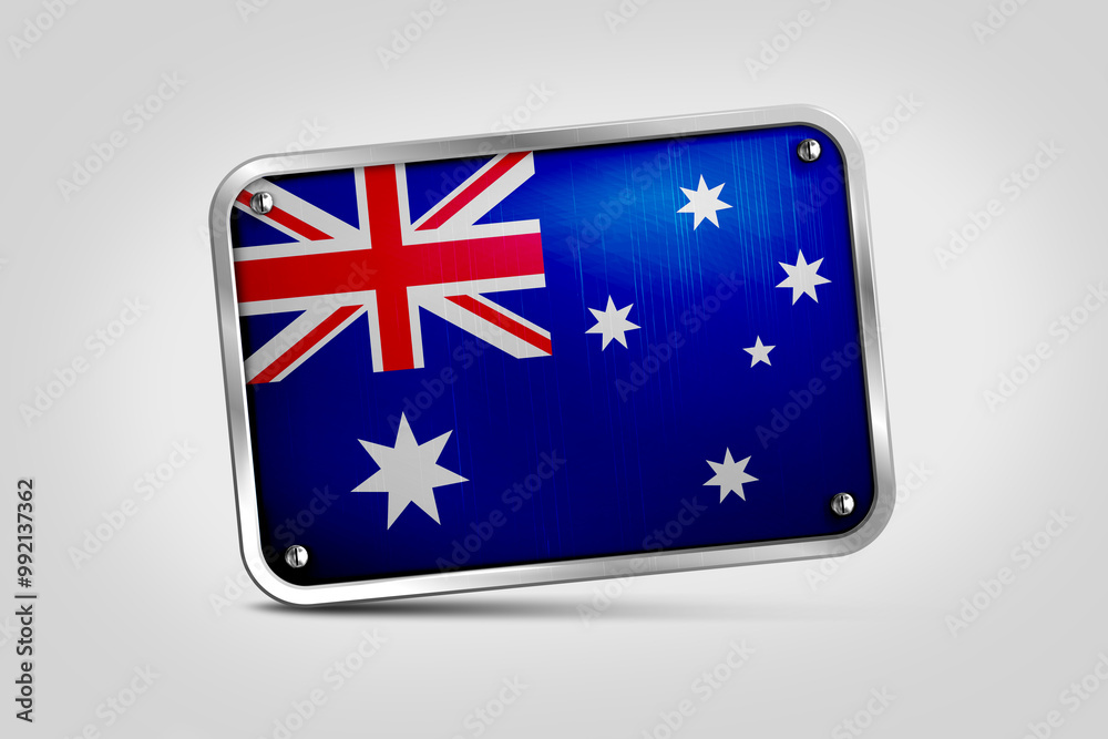 Silver plate With Australia Flag Embossed. Flag Fixed in Silver Plate Isolated on White Background. Silver Plate Mockup. Symbol, Minimal, Vector, 3D, Icon, Illustration Background. Silver plate With Australia Flag Embossed. Flag Fixed in Silver Plate Isolated on White Background. Silver Plate Mockup. Symbol, Minimal, Vector, 3D, Icon, Illustration Background.