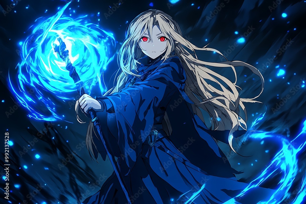 Anime girl with blue fire magic, fantasy art illustration Anime girl with blue fire magic, fantasy art illustration