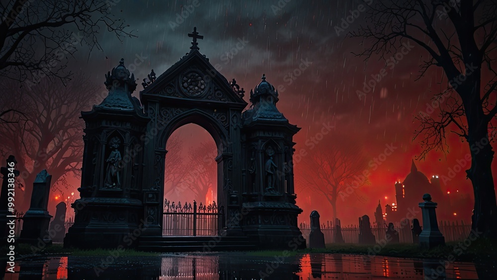 Fototapeta premium Spooky cemetery entrance gate is illuminated by an eerie red glow in the background, creating a spooky and mysterious atmosphere for Halloween and game design
