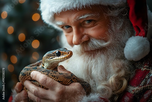 Santa Claus holding a coiled snake in his hands close-up. Christmas and New Year's Eve 2025.