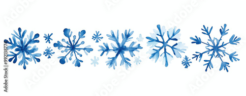 Watercolor blue snowflakes pattern on white background