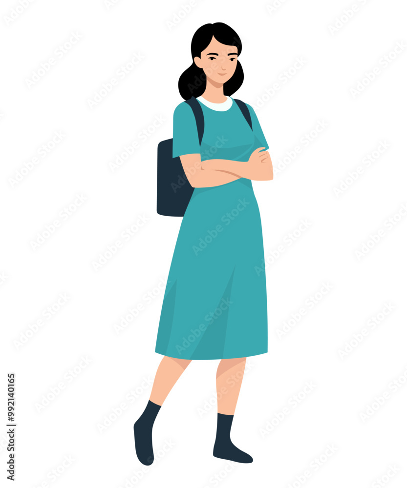 Vector illustration of a girl in a blue dress, black shoes and with a black backpack. Stylish and feminine look.
