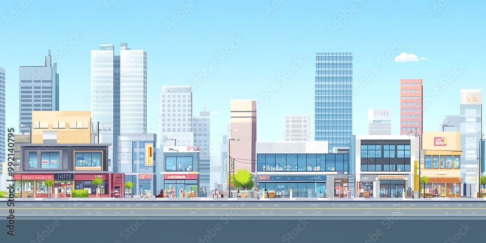 Fototapeta premium Cityscape with tall buildings and shops, illustration