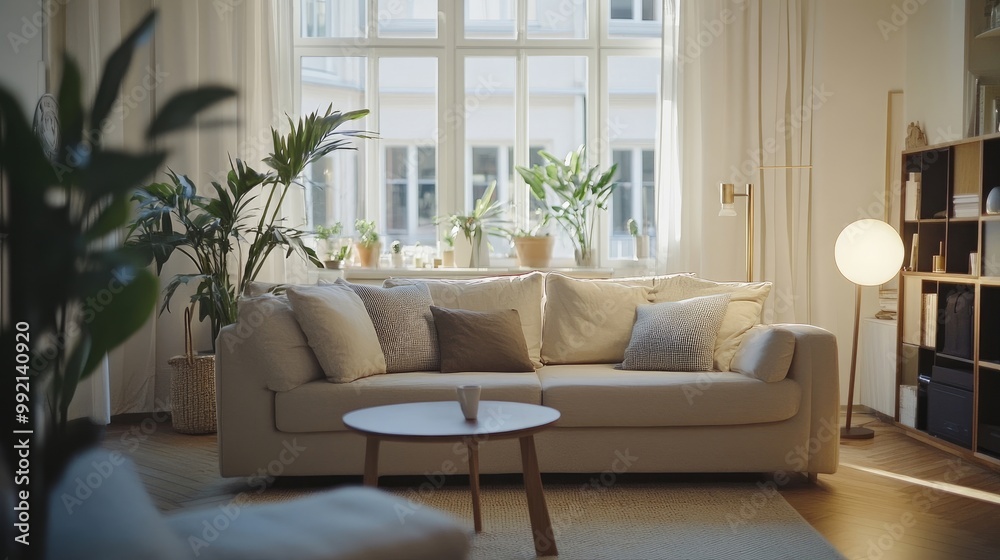 Obraz premium Scandinavian interior design of modern spacious living room