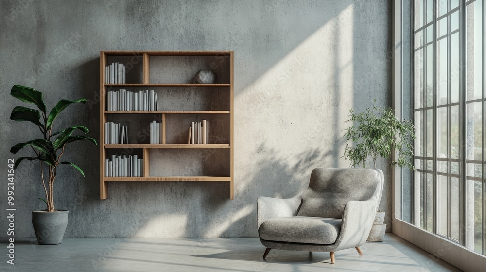 Shelving unit near concrete wall and gray armchair near window Scandinavian style interior design of modern living room Shelving unit near concrete wall and gray armchair near window Scandinavian style interior design of modern living room